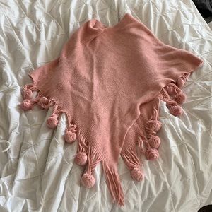 One Size. Pink Fringe Pom Pom Poncho.